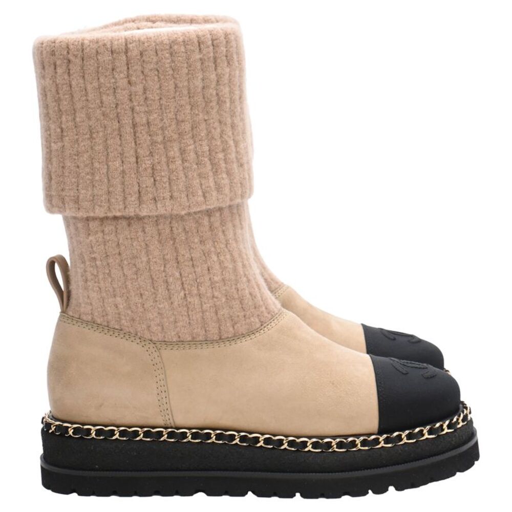 Chanel CC Chain-Detailed Knitted Mid-Calf Boots in Beige Wool and Suede